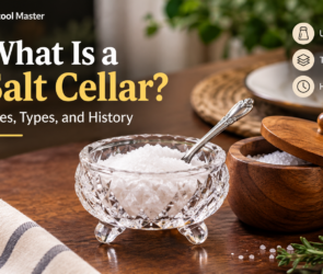 What is a salt cellar on a dining table beside a spoon and salt