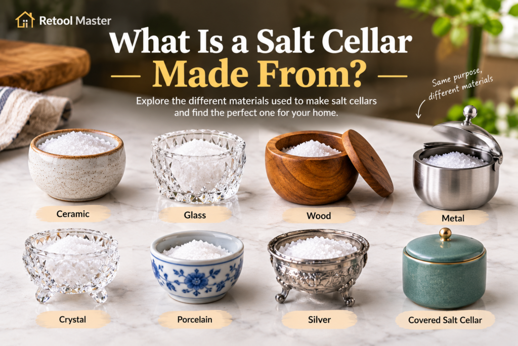 What is a salt cellar on a dining table beside a spoon and salt