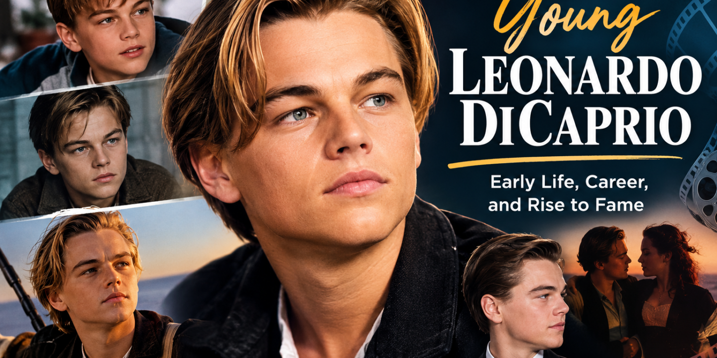 Young Leonardo DiCaprio in a cinematic collage of 1990s portraits showcasing his early Hollywood career.