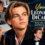 Young Leonardo DiCaprio in a cinematic collage of 1990s portraits showcasing his early Hollywood career.