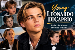 Young Leonardo DiCaprio in a cinematic collage of 1990s portraits showcasing his early Hollywood career.