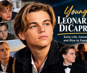 Young Leonardo DiCaprio in a cinematic collage of 1990s portraits showcasing his early Hollywood career.