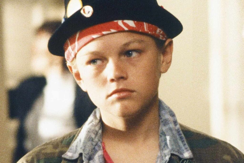 Young Leonardo DiCaprio in a cinematic collage of 1990s portraits showcasing his early Hollywood career.